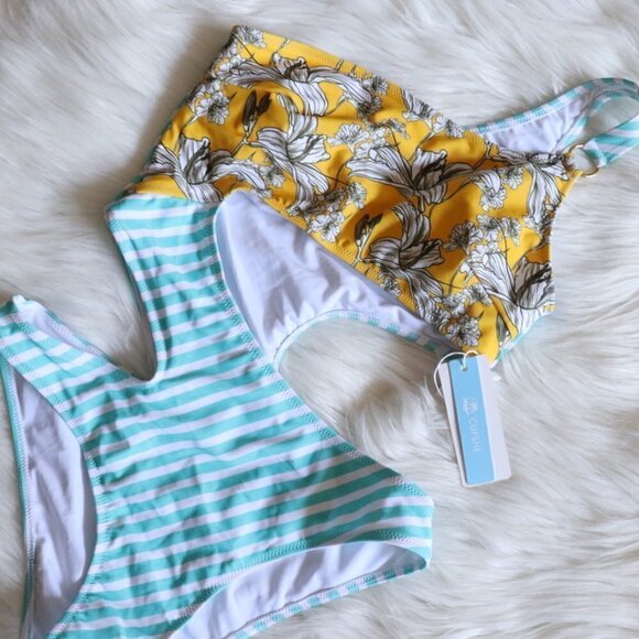 NEW Floral Striped Print One Shoulder One Piece Bathing Suit Swimsuit Size Small - Picture 4 of 9